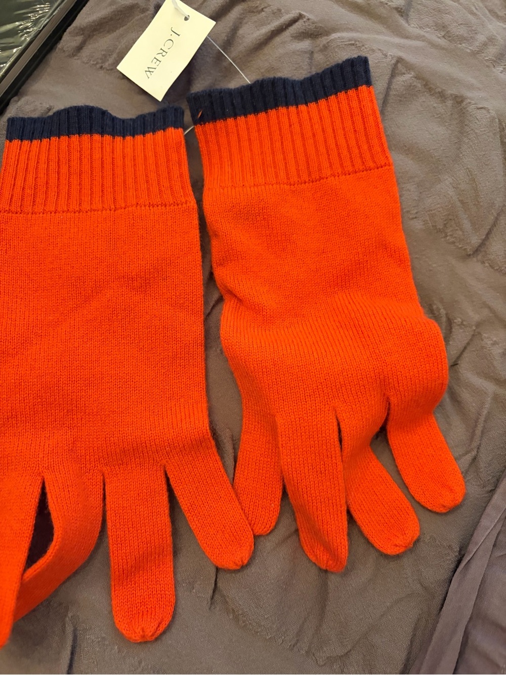 J. Crew Men's Bright Orange Knit Gloves with Navy Cuffs